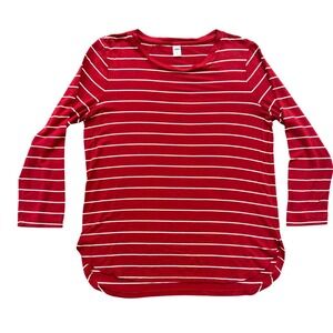 Old Navy Luxe Striped T-Shirt Womens Medium Red White Long Sleeve Curved Hem Tee